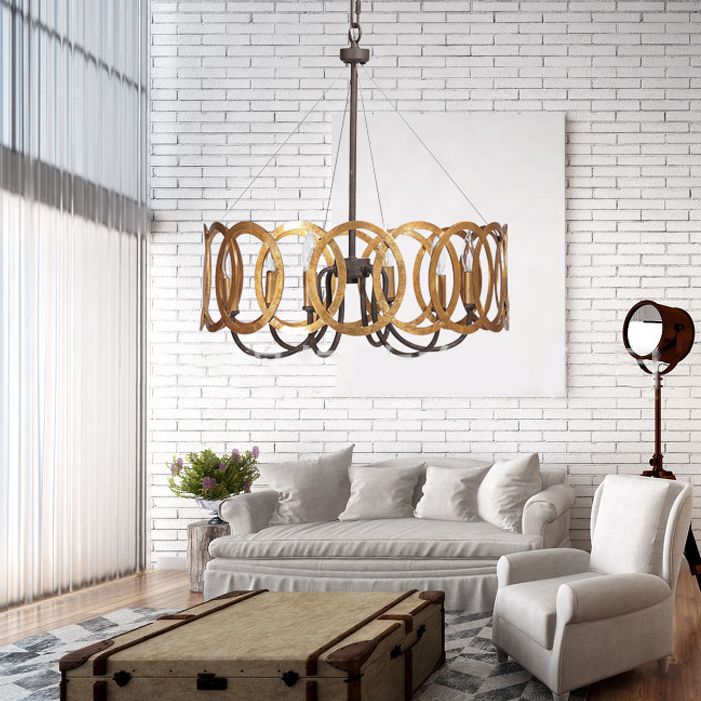 Overlap Rust Ring Industry Style Chandelier Light 19" Wide Candlestick Shape Vintage Hanging Lighting Fixture for Living Room