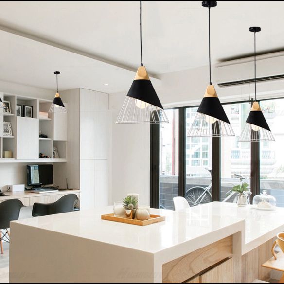 Metal Tapered Hanging Light Nordic Modern 1 Light Restaurant Ceiling Pendant Lamp with Wooden Top