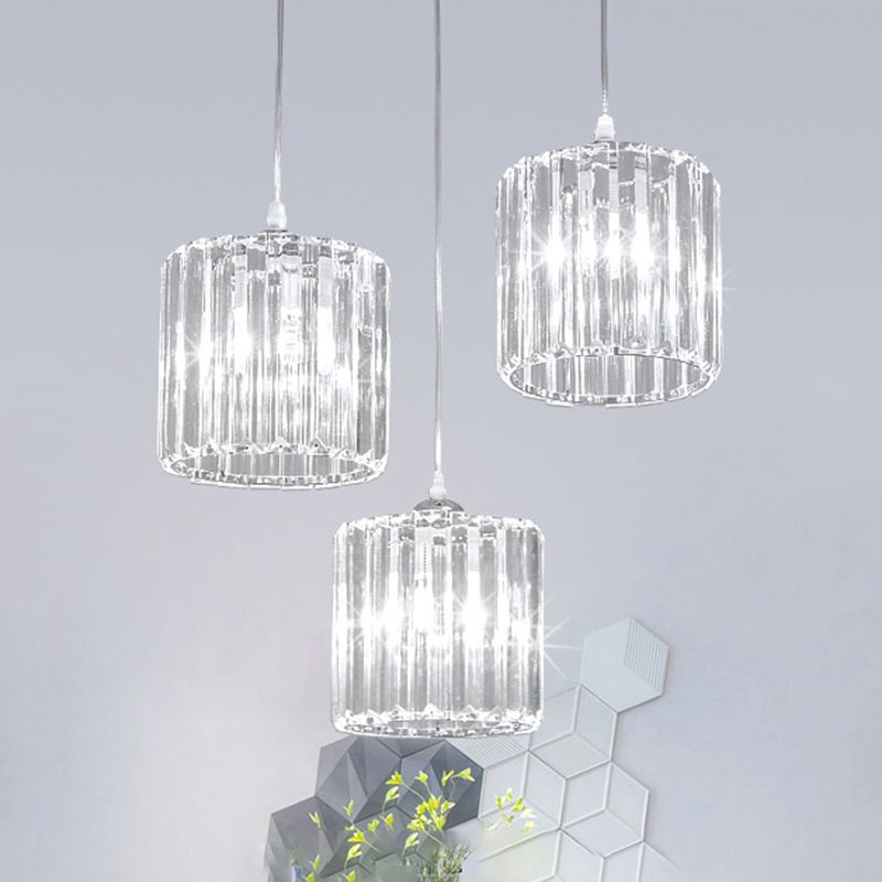 Minimalist 3-Head Cluster Pendant Cylindrical Hanging Light with Crystal Shade for Dining Room