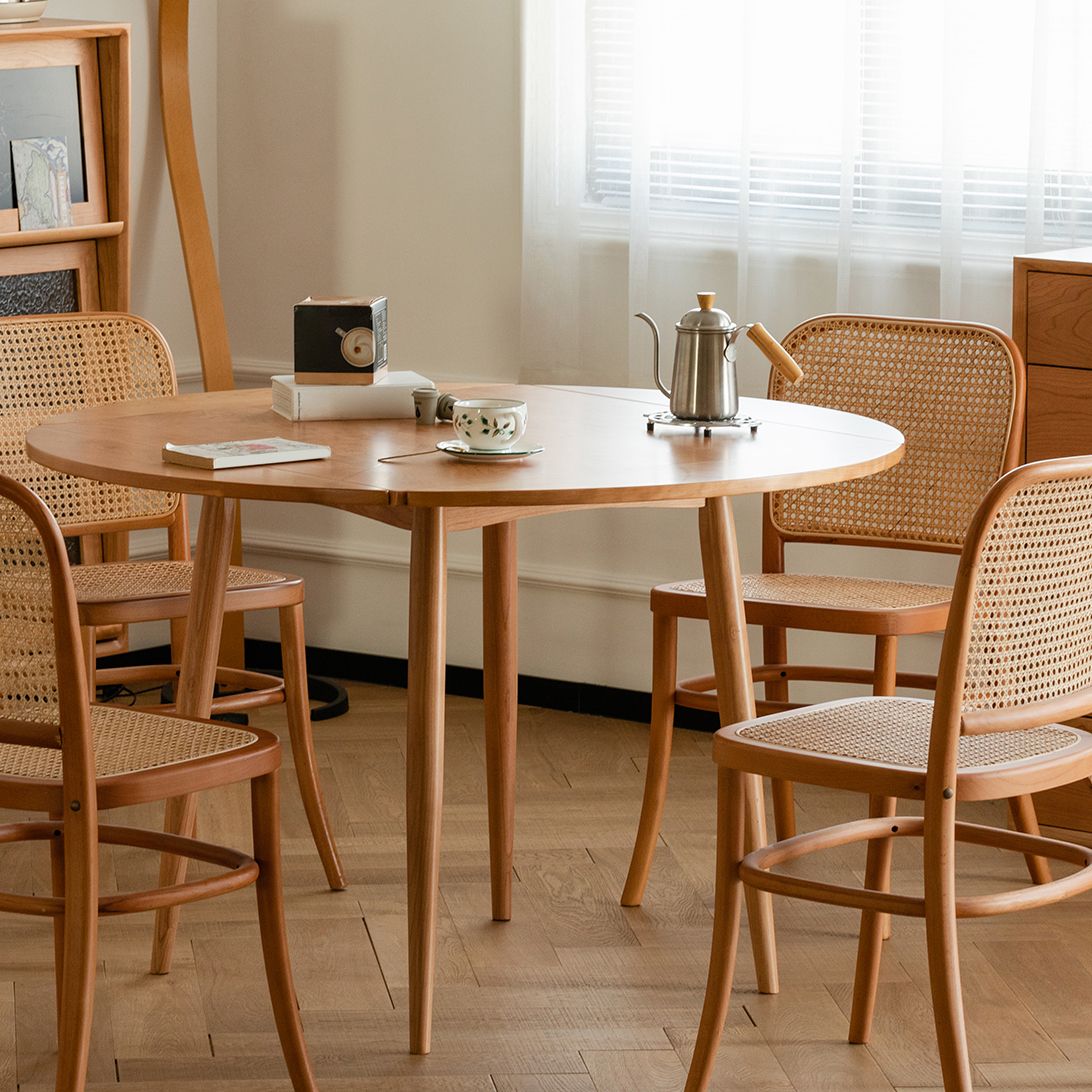 Modern Solid Wood Drop Leaf Round Top Dining Table with 4 Legs