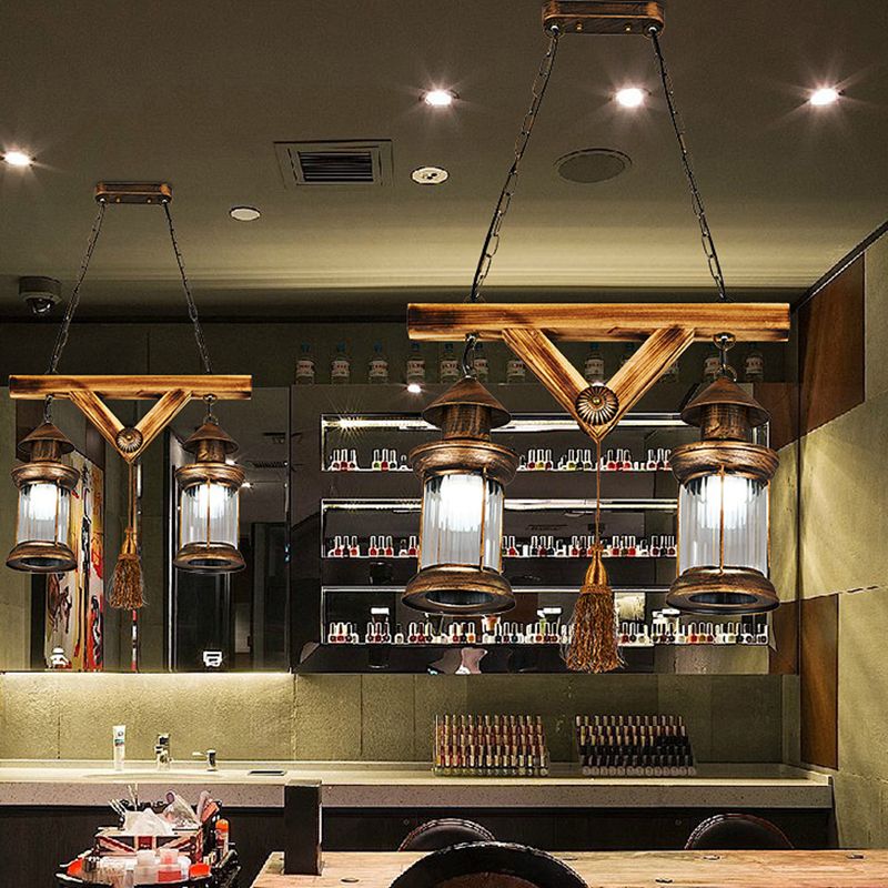 2 Lights Wooden Chandelier Lamp Farmhouse Antique Brass Lantern Porch Down Lighting Pendant