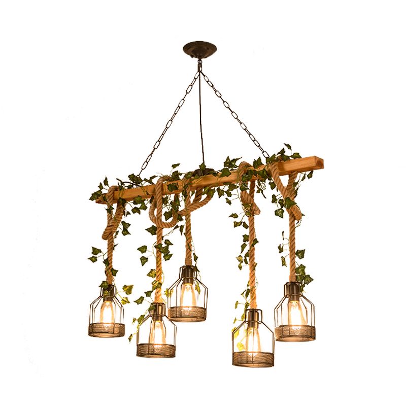 Metal Caged Island Pendant Light Industrial 3/5 Lights Dining Room Rope Hanging Lamp in Brown with Wood Beam