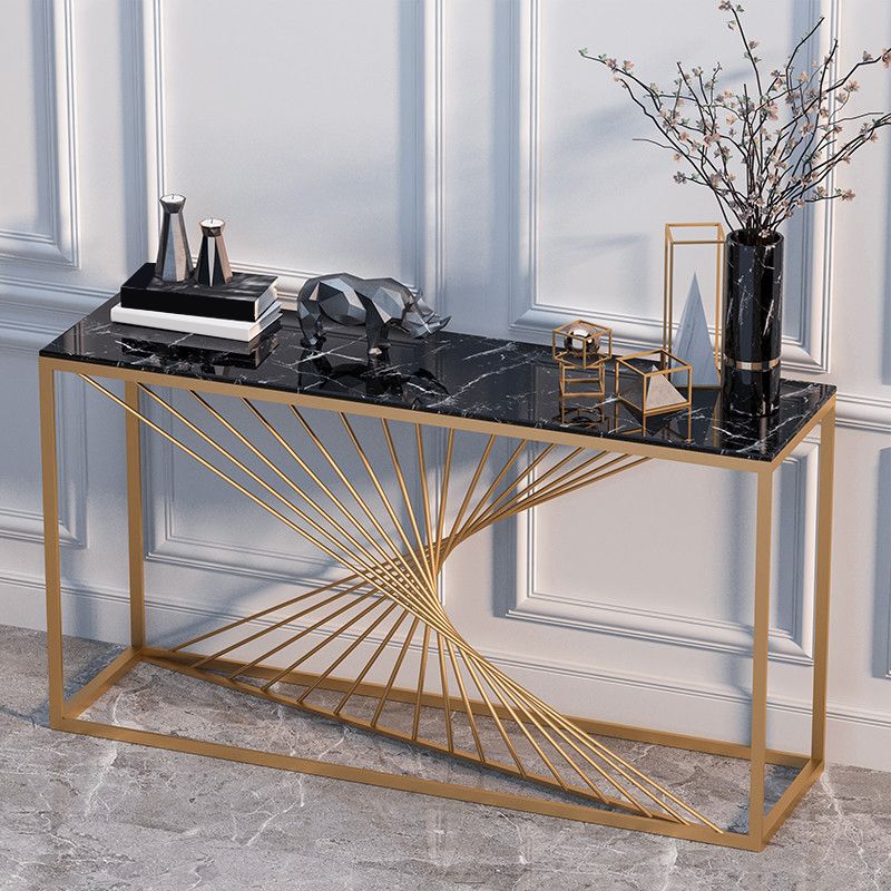 Glam Rectangle Console Table Antique Finish Console Sofa Table in Marble