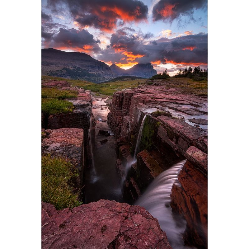 Sunset Rift Valley Cascades Mural Orange Modernist Wall Covering for Bedroom, Non-Woven