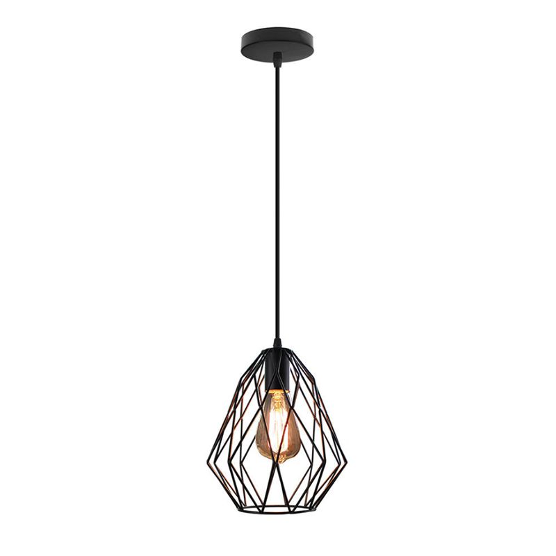 Diamond Cage Metal Pendant Light Industrial 1 Light Dining Room Ceiling Fixture in Black Finish