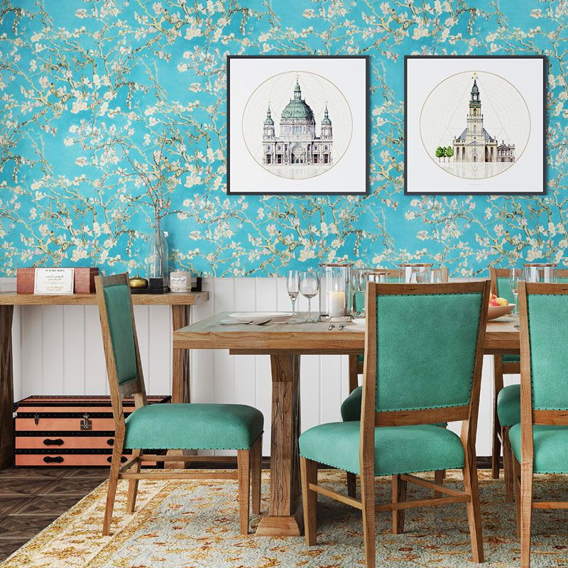 Blue and White Rural Wallpaper 20.5"W x 33'L Apricot Flower Wall Decor for Dining Room