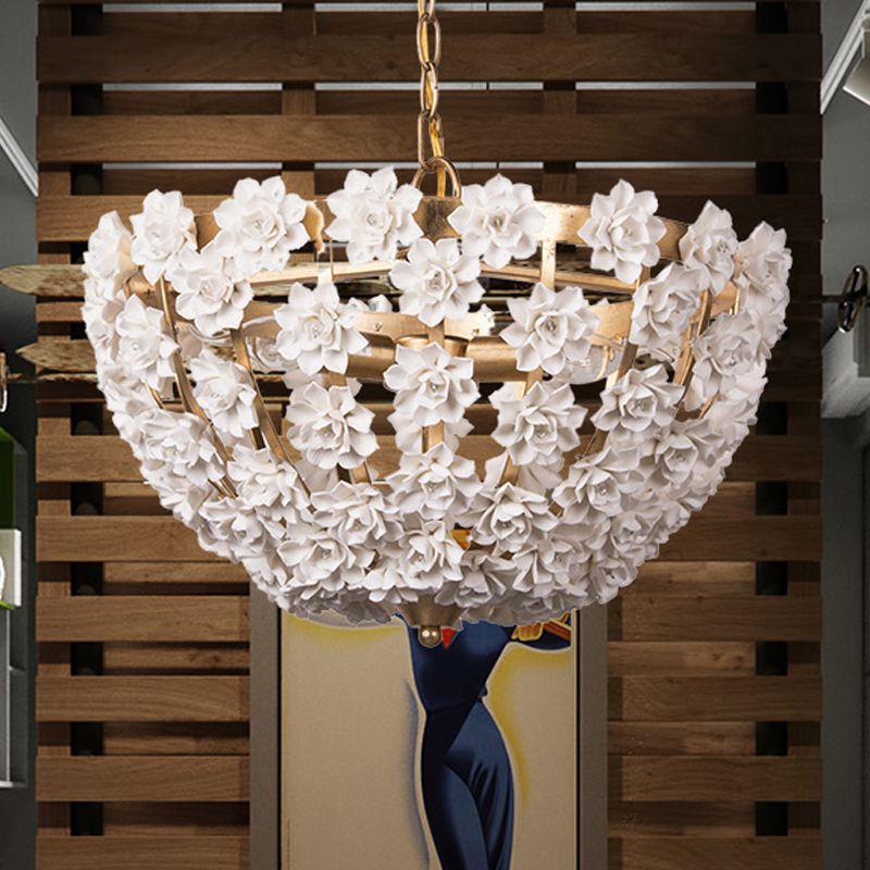 16"/19.5" Wide Hemisphere Chandelier Lighting Modern Metal Silver/Gold 3 Bulbs Hanging Ceiling Light with Ceramic Flowers