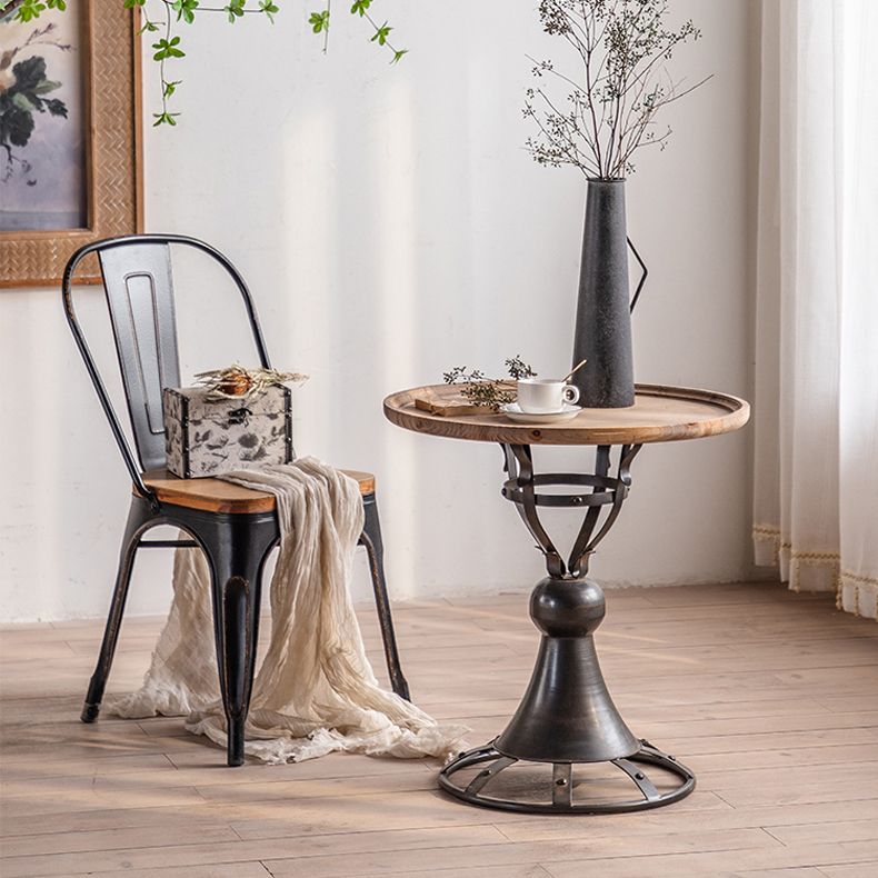 French Country Round Wood Top Side Table Iron Pedestal End Table