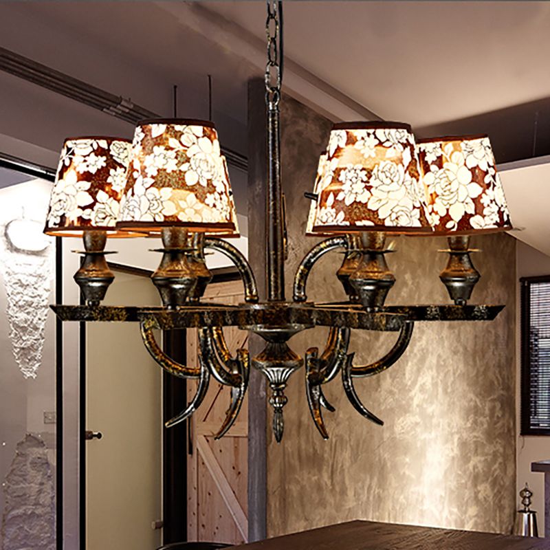 6 lumières en métal suspendu à lustre country rouille rude à manger effilée pendentif luminaire avec une teinte en tissu