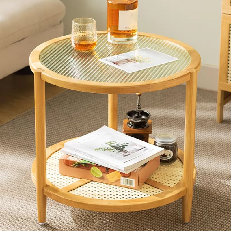 Contemporary Glass Top Accent Side Table for Living Room with Bamboo Base
