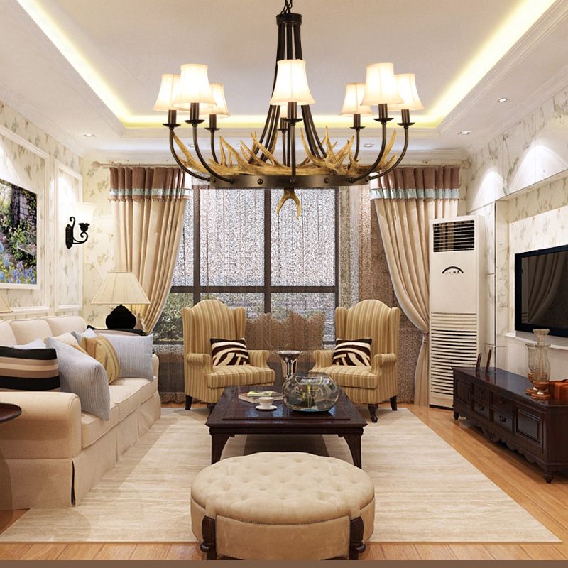 Bend Arm Metallic Hanging Chandelier Countryside 8-Bulb Kitchen Suspension Lamp in Black with Cone White Fabric Shade