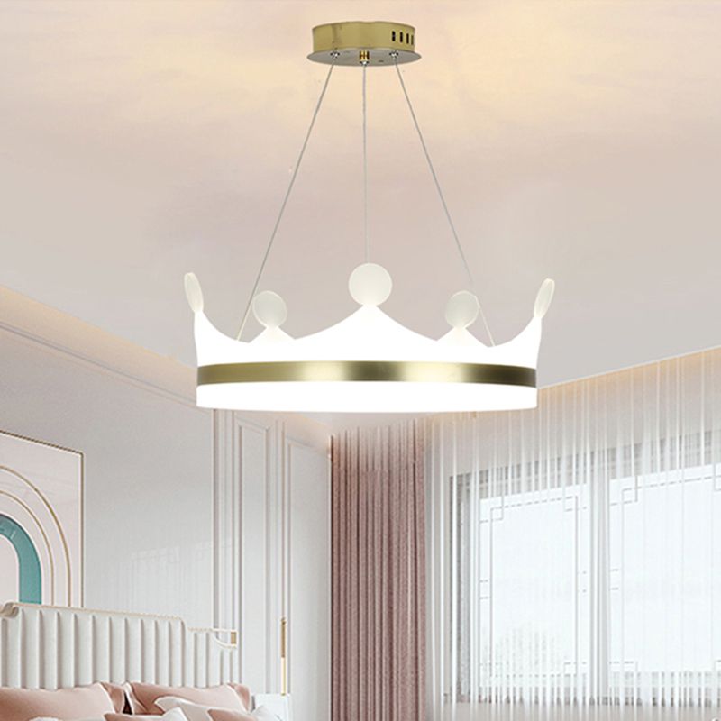 Kids Crown Hanging Lamp Metallic Girls Bedroom LED Chandelier Light in Gold, Warm/White Light