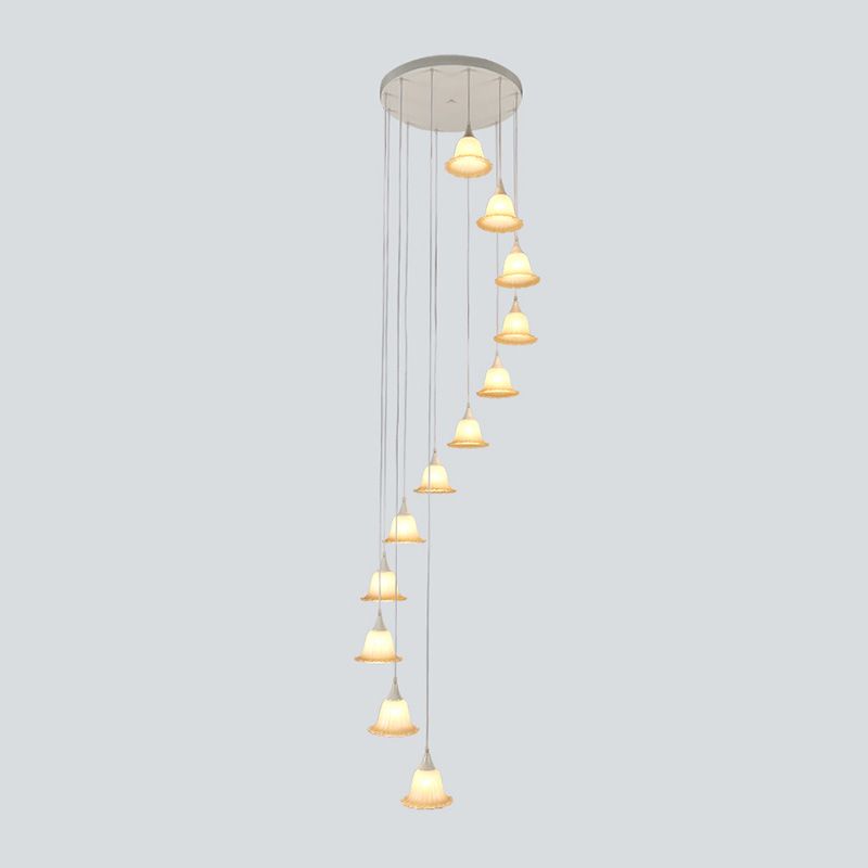 White Glass Flower Multi Pendant Modern 12 Lights Stair Hanging Ceiling Lamp with Spiral Design
