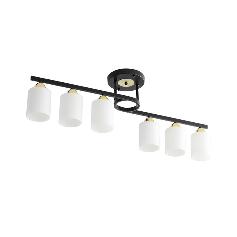 6-Licht-Wohnzimmer Semi Flushmount Modernismus Schwarz Decken Flush-Halterung mit Zylindercreme Glasschatten