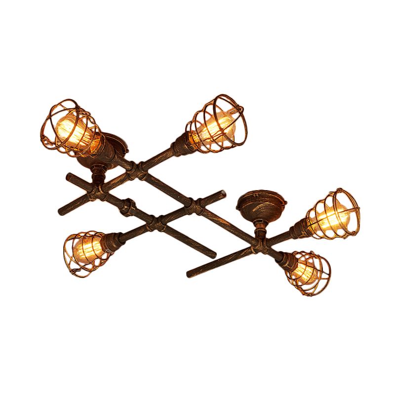 Industrial Intersecting Piping Ceiling Light 4/5/8 Heads Iron Semi Flush Mounted Light with Cage Guard in Brass