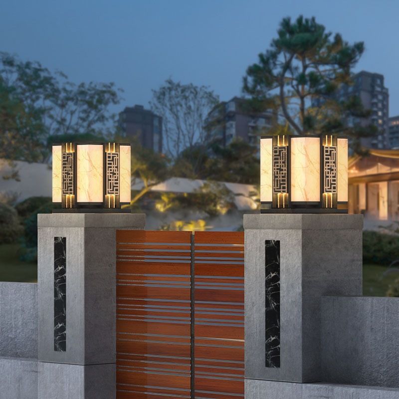 Metal Rectangle Waterproof Pillar Lamp Modern 1 Light Outdoor Light in Black