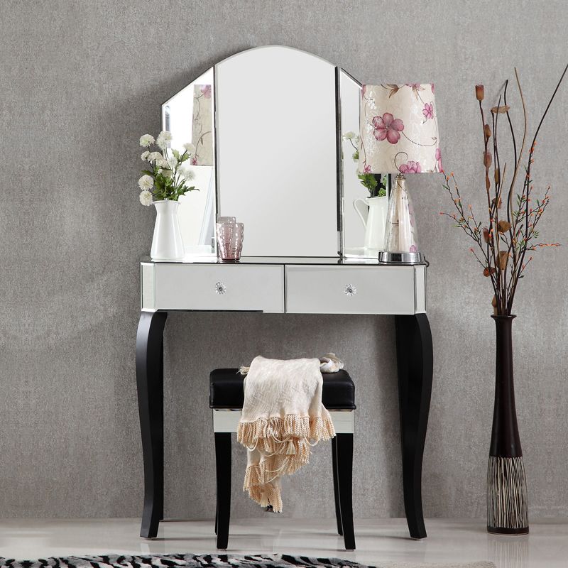 Tri-Folding Mirror Vanity Table Set 31.5" Wide 2-drawer Mirrored Vanity Desk
