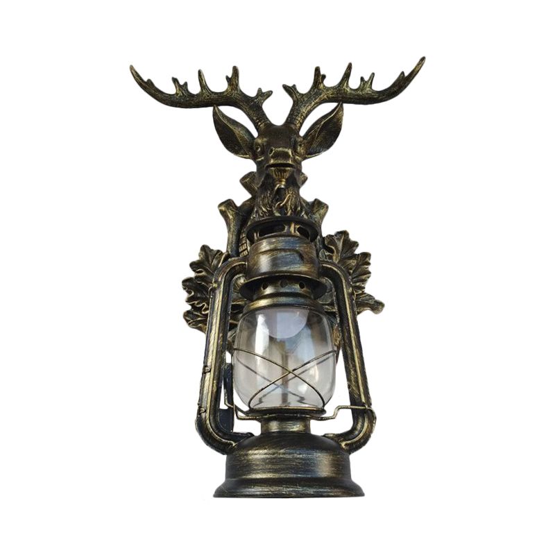 Single Flameless Kerosene Wall Lamp Rustic Style Brown/Bronze Transparent Glass Sconce with Resin Faux Elk Backplate