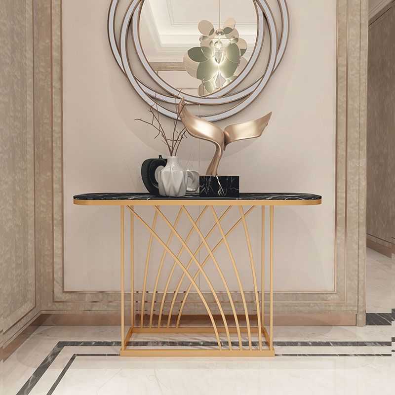 Glam Iron Console Sofa Table Oval Marble Console Accent Table for Hall
