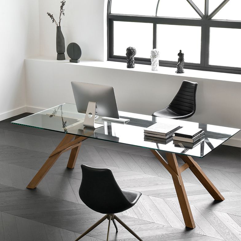 Glass Top Dining Table Modern Dining Table with Solid Wood Base