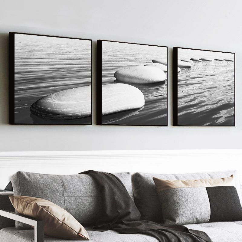 Seaside Oval Stone Scene Painting Light Color Modern Wrapped Canvas for Living Room