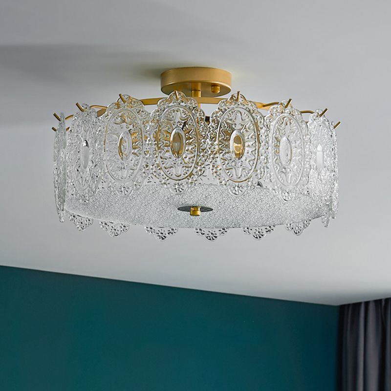 Drum Semi Flush Mount Lamp Glass Minimalist Style Ceiling Mount Light in Gold for Bedroom