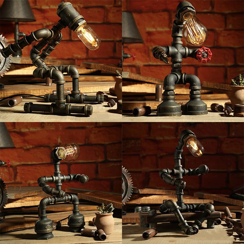 1-Light Wrought Iron Table Lamp Industrial Antiqued Brass Piping Bedroom Night Light