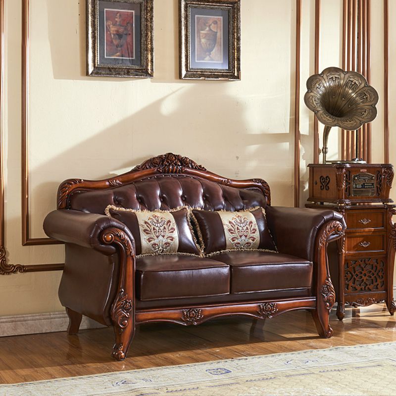 Genuine Leather Sofa Tufted Split-Back Rolled Arm Sofa in Brown