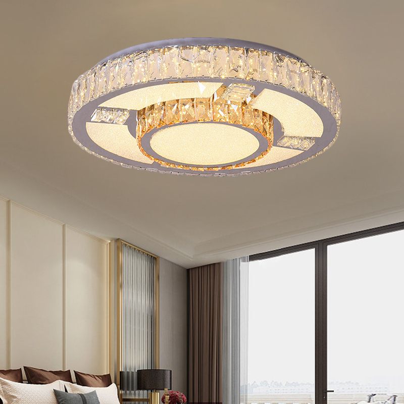 Round Parlor Flush Mount Lamp Modern Clear Beveled Crystal Blocks Stainless-Steel LED Lighting Fixture