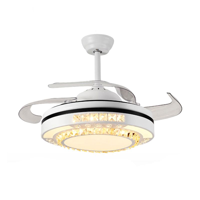 LED Round Pendant Fan Lamp Modern White Clear Crystal Blocks Semi Flush with 4 Blades, 21.5" Wide
