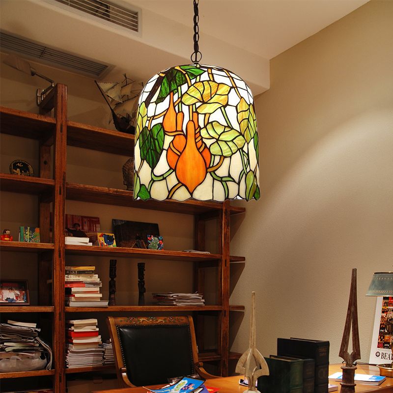 Bell Pendant Lamp 1 Head Green Cut Glass Tiffany Hanging Ceiling Light with Grape/Leaf Pattern