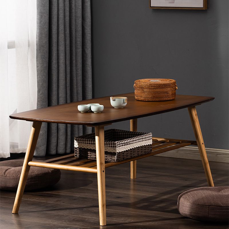 Nordic Style Rectangular Solid Wood Table 4 Legs Base with Storage Rack Coffee Table