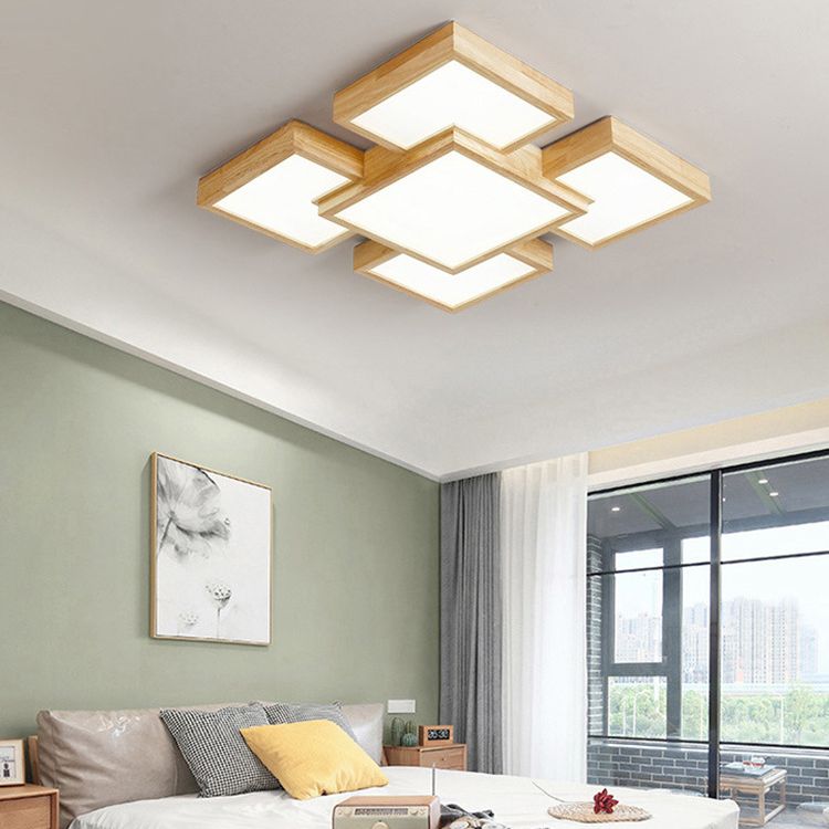 Spleißen von Quadraten in der Nähe der Deckenleuchte. Einfache LED-Schlafzimmer-Deckenleuchte aus Holz aus Holz