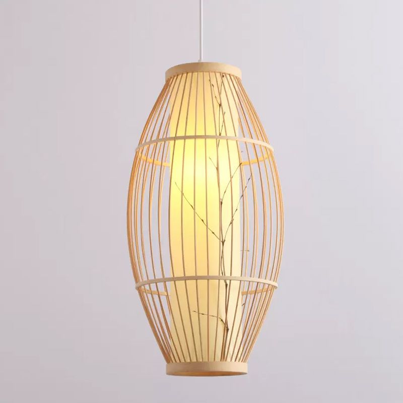 Asiatische 1-Haupt-Anhänger-Leuchten-Leuchte Beige ovale Deckenhängung Lampe mit Bambusschatten, 14 "/19.5" /31,5 "breit