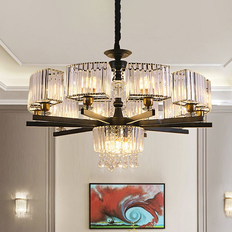 13 Bulbs Crystal Chandelier Traditional Black Geometric Sitting Room Ceiling Lamp