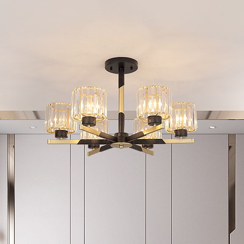 Cylindrical Crystal Semi Flush Chandelier Modern 6/8-Head Living Room Flush Ceiling Light in Black
