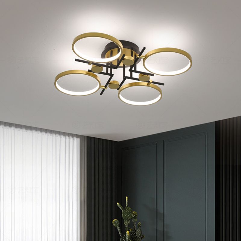 Modern 4/6-Light Semi Flush Mount Gold Hoop Ceiling Mount Chandelier with Metal Frame in Warm/White/3 Color Light