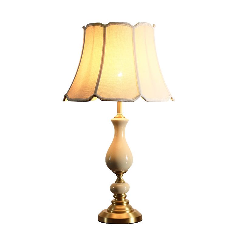 Fabric Scalloped Bell Table Lamp Simplicity 1 Bulb Living Room Nightstand Light with Ceramic Decor in White