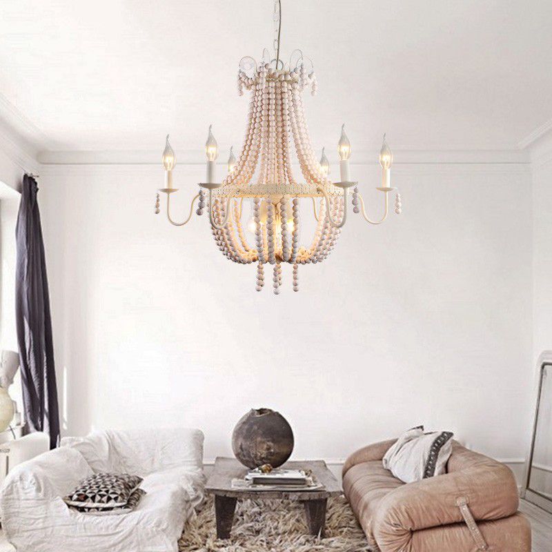 Empire Wood Strand Chandelier Light Rustic 9 Lights Dining Room Pendant Ceiling Light in White