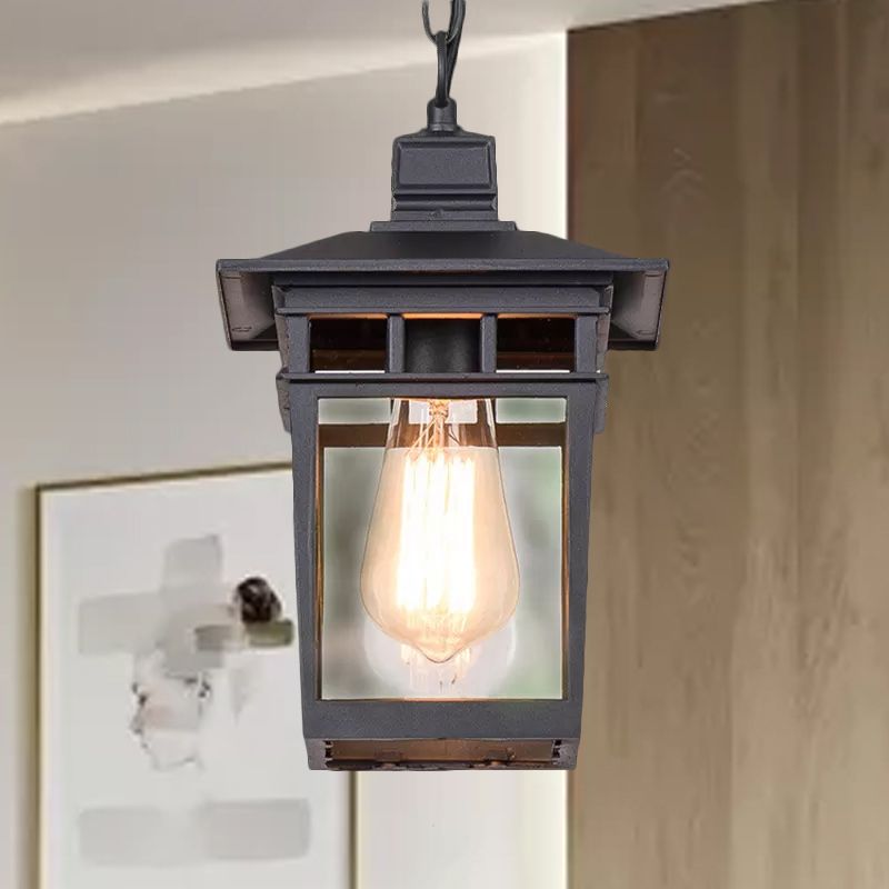 Industrial Lantern Hanging Lighting Metal and Clear Glass 1 Light Black/Bronze/Gold Outdoor Pendant Lamp for Porch