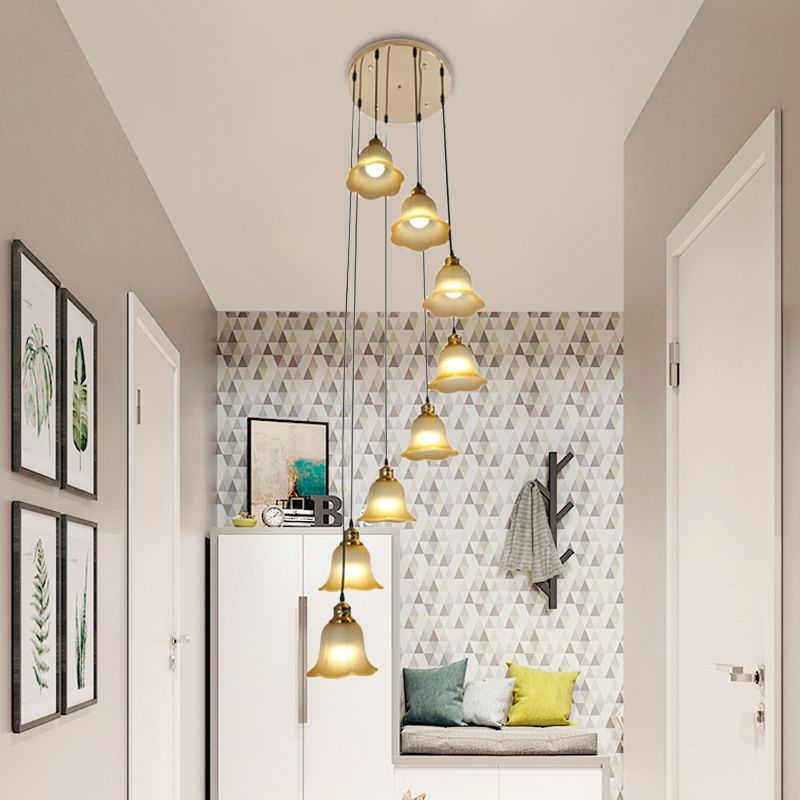 8 Heads Ceiling Lamp Contemporary Living Room Multi Light Pendant with Flower White Glass Shade
