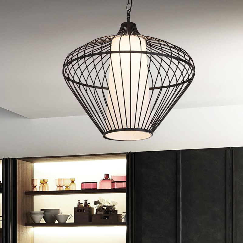 1 tête de salle à manger Pendante avec une nuance à bambou effilée Assiette de plafond noir moderniste, 19,5 "/21,5" dia