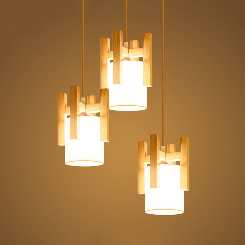 3 Lights Dinette Multi Light Pendant Modern Beige Ceiling Lamp with Column Fabric Shade and Wood Fence Top