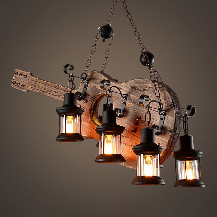 Guitar Chandelier Lighting Rustic Style Wooden Cafe Bar Pendant Light with Glass Kerosene Lantern