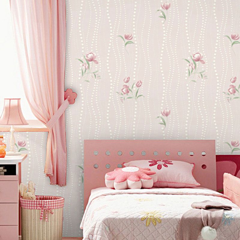 Pastel Color Floral Pattern Wallpaper Water-Resistant Wall Covering for Girl's Bedroom, 20.5"W x 33'L