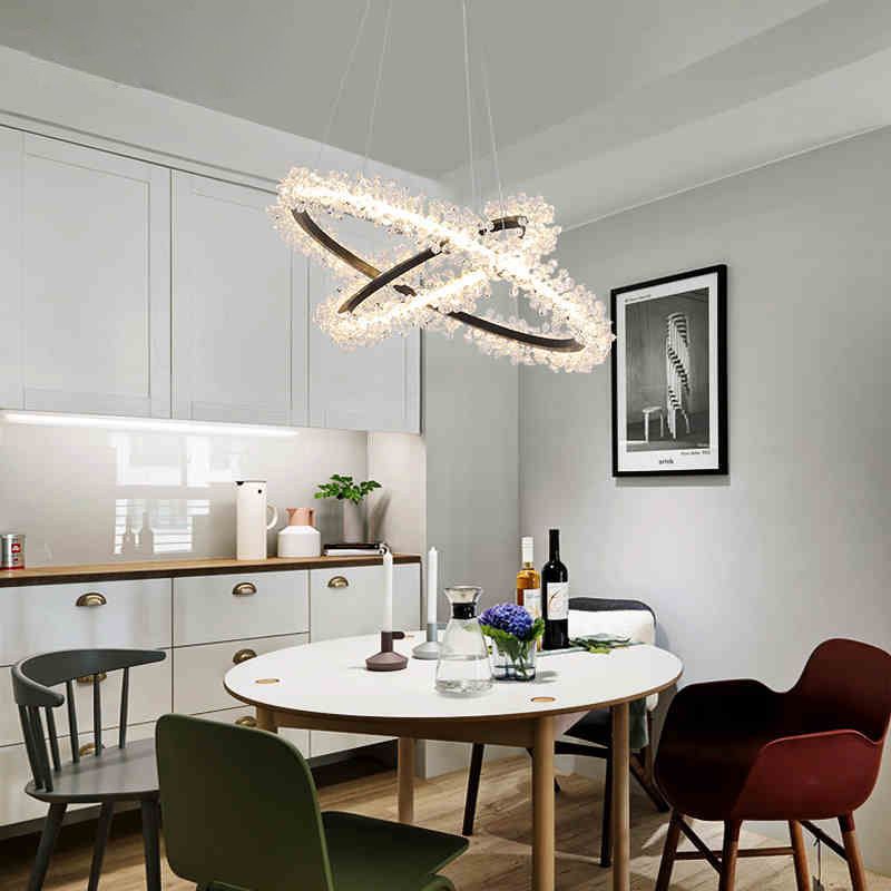 1/2/3-licht Black Ring Pendant Kroonluchter Modern Crystal Accent LED Hanglamp Lichtlijn in wit/warm licht voor woonkamer