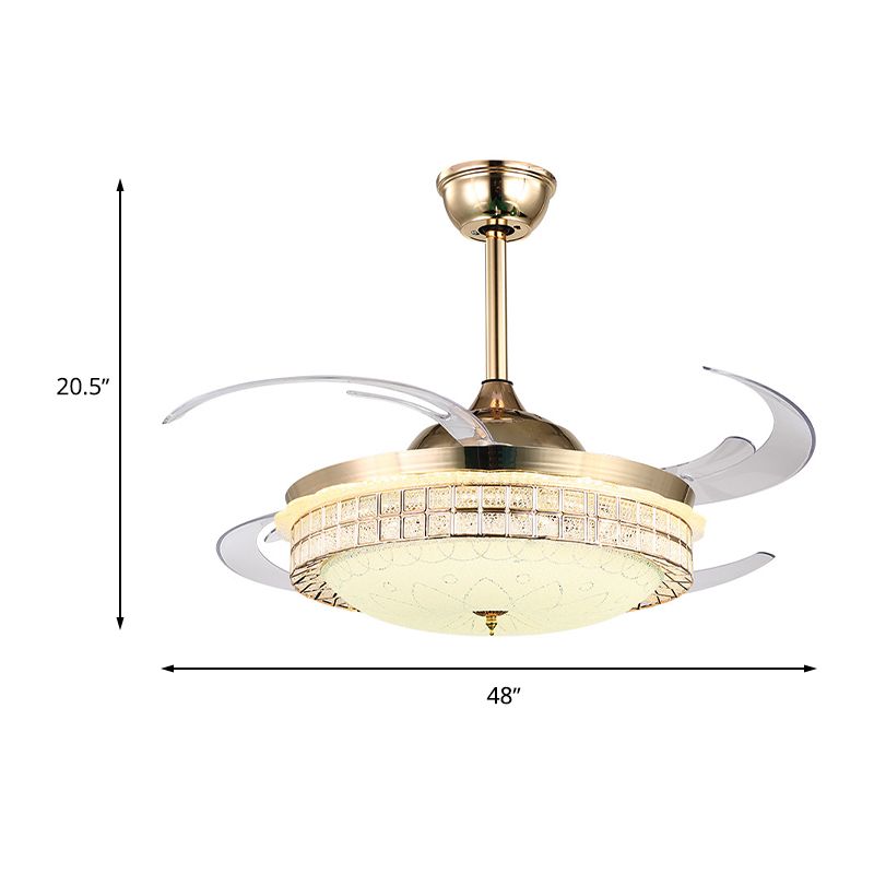 GOLD-Finish Semi Flush Light mit Lüfter Moderne LED 8-Blatt 6-Wind-Geschwindigkeit Downrod Deckenventilator mit Kuppel Acrylschatten