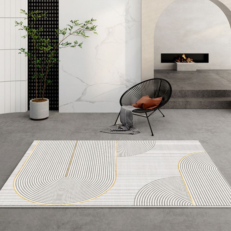 Light Gray Line Rug Polyester Modern Rug Washable Rug for Drawing Room