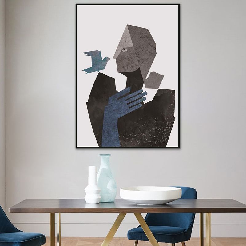 Woman and Bird Wall Art Black-Grey Canvas Made Wall Decor, Textured, Multiple Sizes