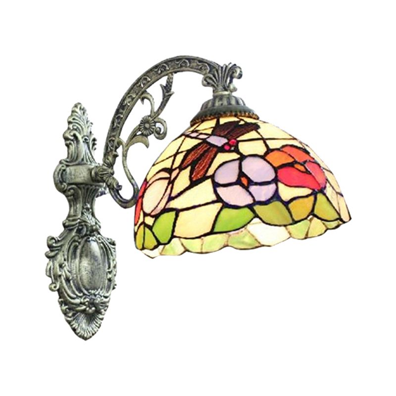 Carved Base Restaurant Wall Light with Petal Stained Glass 1 Light Tiffany Rustic Sconce Light